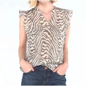 Cabi Savanna Zebra Top 4542 Small Grey Cream Flutter Sleeve V-Neck Blouse Animal